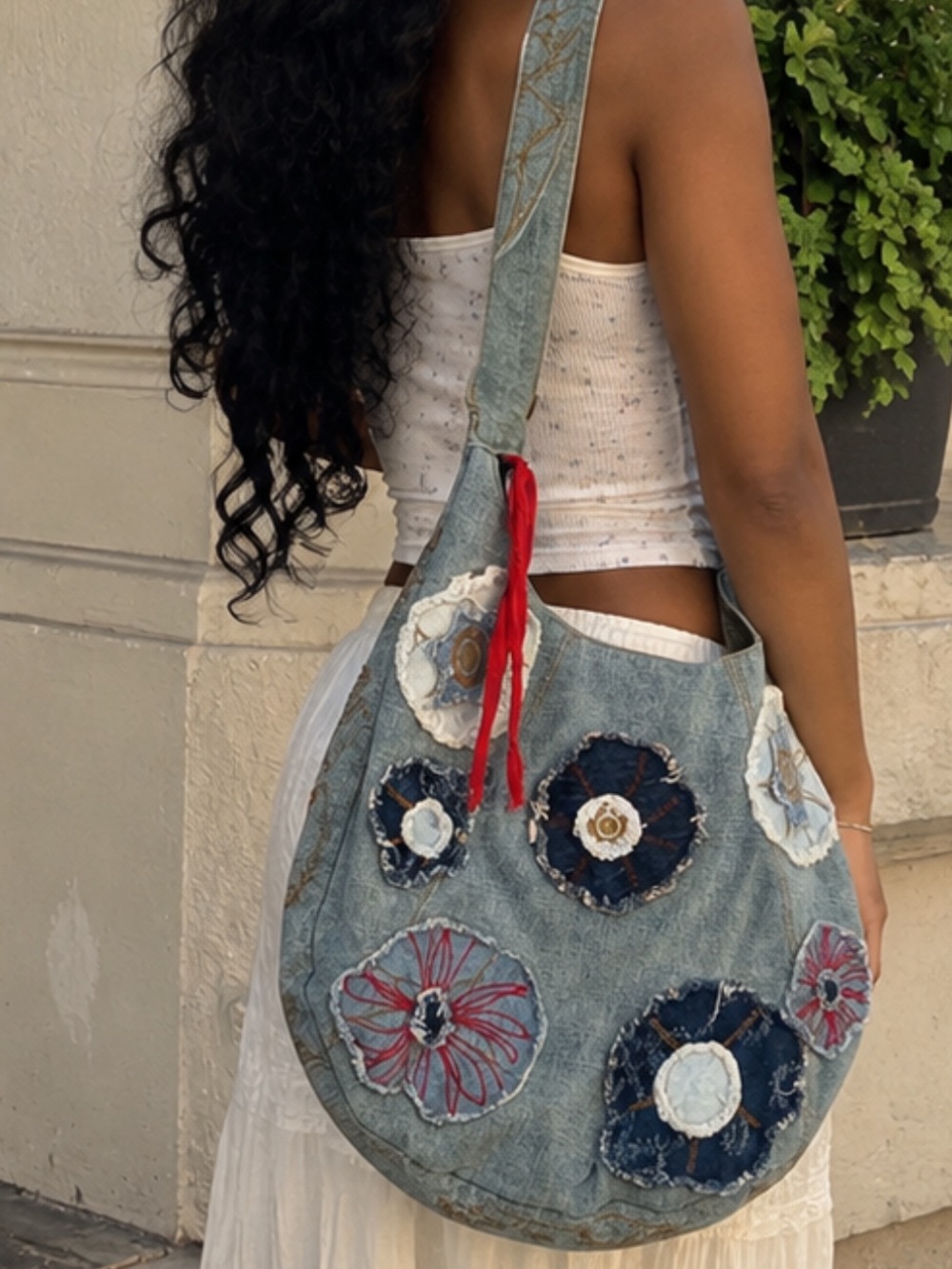 Boho Denim Floral Patch Shoulder Bag With Floral Patches